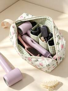 1pc Floral/Leopard Print Hair Tool Storage Bag, Portable Quilted Hair Dryer Storage Bag With Handle, Large Capacity Travel Storage Bag, Curling Iron Storage Bag, Multi-Compartment Styling Accessories Storage Box, Portable Hair Styling Tool Bag - Multicolor - View 2
