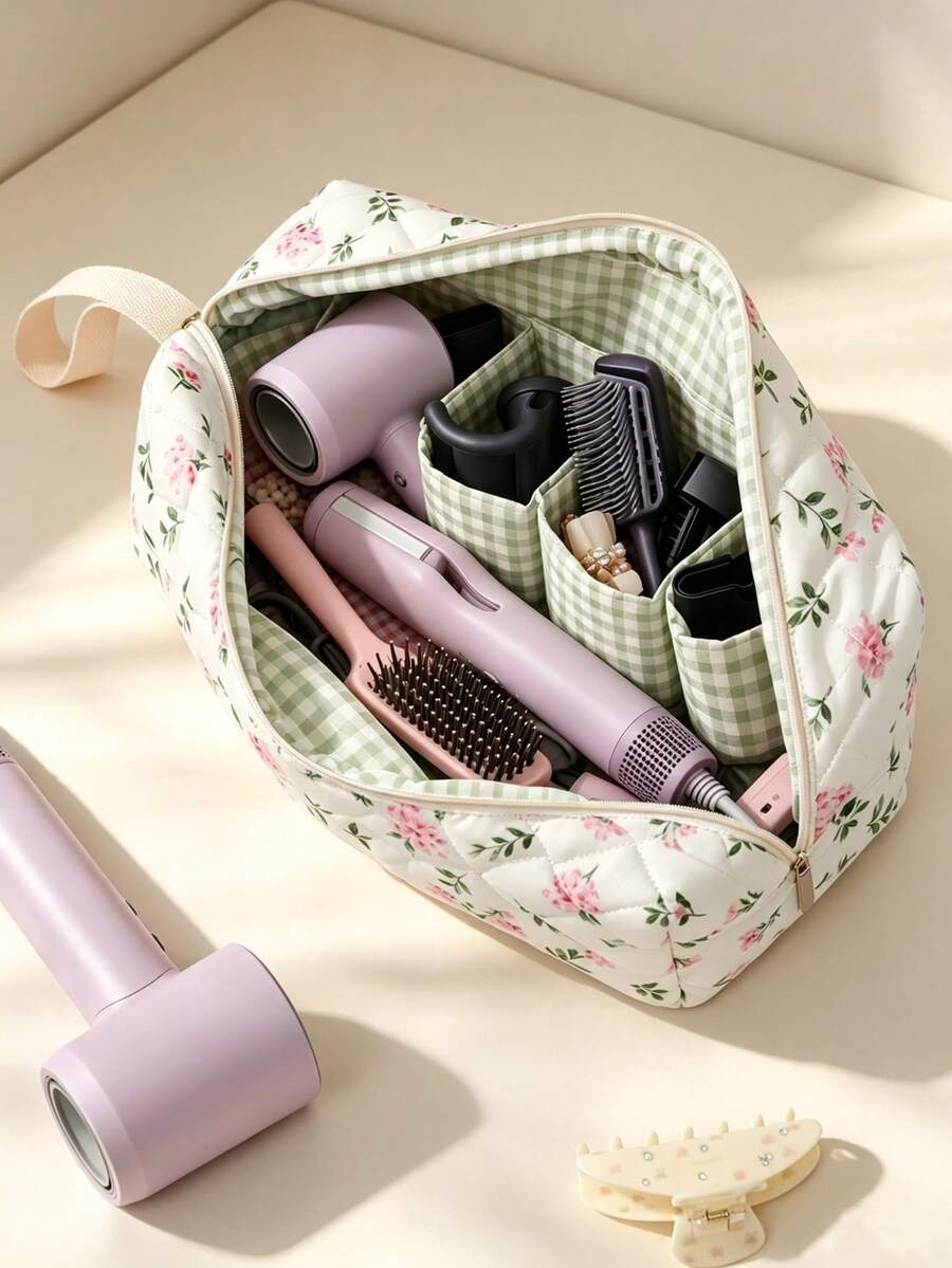 1pc Floral/Leopard Print Hair Tool Storage Bag, Portable Quilted Hair Dryer Storage Bag With Handle, Large Capacity Travel Storage Bag, Curling Iron Storage Bag, Multi-Compartment Styling Accessories Storage Box, Portable Hair Styling Tool Bag
