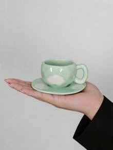 Mini Cloud Embossed Ceramic Cup & Saucer Set, Cute Wavy Asymmetrical Shape, Macaron Pastel Color Mini Espresso Cup, Creative Handmade Ceramic Tea Cup, Japanese Style Cute Tableware, Home Decor Gift - Multicolor - View 4