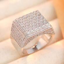 Women's Fashion Wide Band Ring, Square Face Fully Set With Synthetic Zirconia, Luxury High-Profile Versatile Style, Suitable For Evening Gowns, Eye-Catching Finger Ring - Silver - View 3