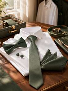 4pcs Set Dark Green Textured Men's Tie, Bow Tie, Cufflinks, Pocket Square Full Set For Banquet Suit Accessories - Black - View 1