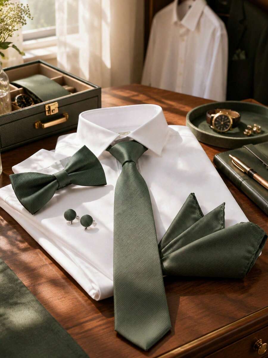 4pcs Set Dark Green Textured Men's Tie, Bow Tie, Cufflinks, Pocket Square Full Set For Banquet Suit Accessories - Black - View 1