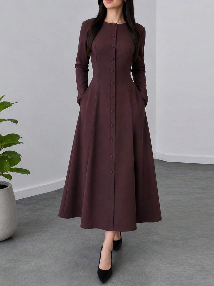 Đầm nữ thanh lịch phong cách vintage, tay dài cổ tròn, cài nút đơn phía trước, thắt dây sau lưng, màu trơn, phù hợp đi làm, mặc hằng ngày và hẹn hò - Màu Đỏ Sâu - Xem 1