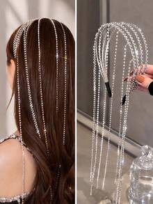 topshiny Diadema de lujo de 4 capas con borlas de strass y cadena larga de cristal, accesorio para el cabello exagerado de múltiples hilos para fiestas y bodas de mujeres - Plateado - Ver 2