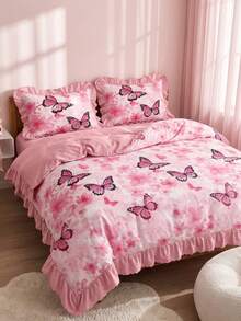 2/3pcs Ruffle Duvet Cover Set, Dorm Bedding, Pink Floral Bedding Set, Cozy Room Decor, Skin-Friendly Breathable, Ultra Soft Anti-Pilling, No Duvet Insert Included, Suitable For Single/Double/Queen/King Bed, All Season, Machine Washable, Back To School - Multicolor - View 8