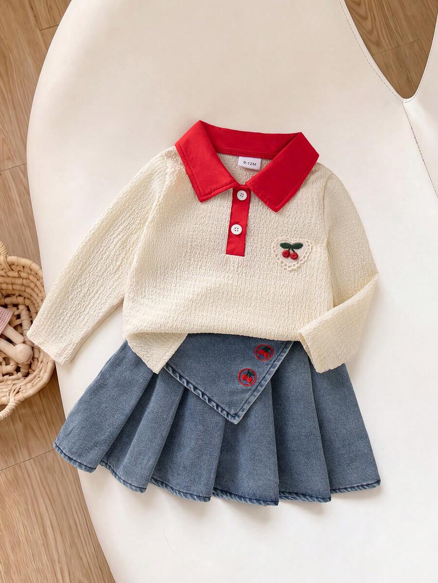 Autumn/Winter Baby Girl Cute Red Turn-Up Collar Cherry Embroidery Long Sleeve Top & Pleated Denim Skirt Set - Apricot - View 1