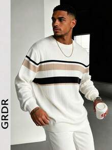 GRDR 1pc Men's Casual Striped Knit Top, Autumn/Winter - Apricot - View 3