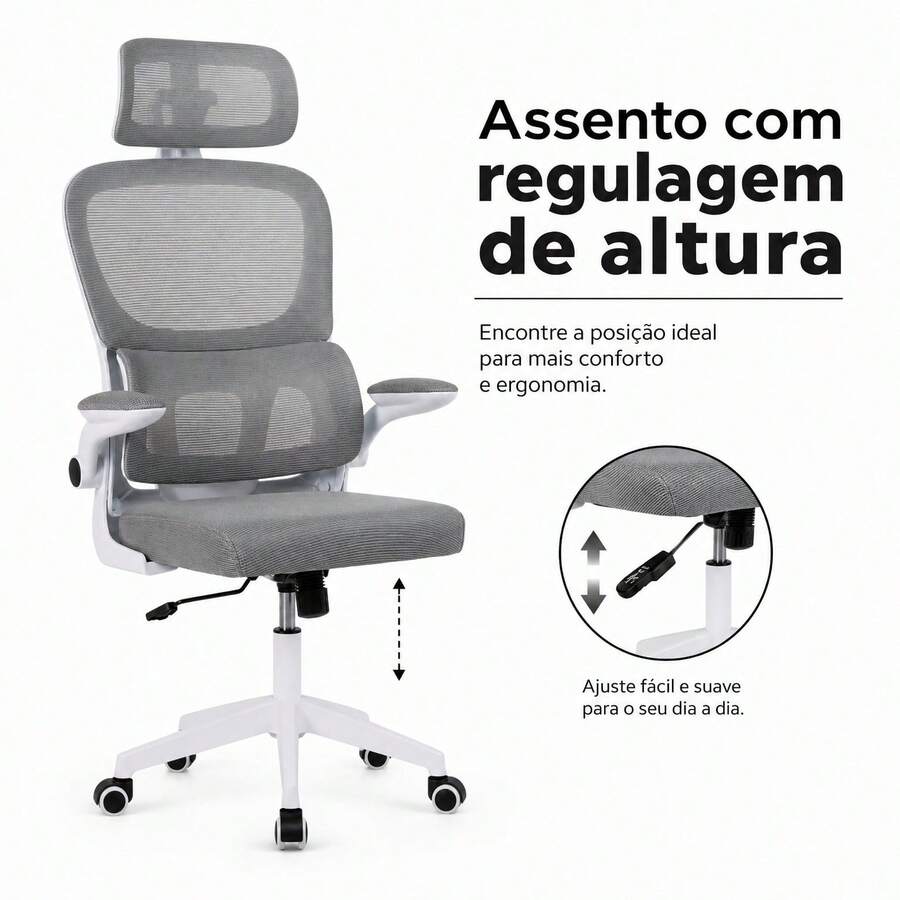 Cadeira Trabalho Profissional Office Ergonômica Encosto Mesh Apoio Lombar Giro 360° Ajustável - Cinza - Visão 1