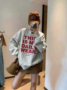 Women's Crew Neck Sweatshirt, New Autumn/Winter Letter Print, Casual Versatile Loose Fit Top, Fashionable Daily Wear - Dark Gray - View 8