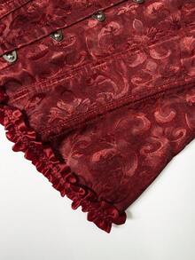 Deep Burgundy Jacquard Long Boned Corset Top, Vintage Palace Style Gothic Women's Bustier - Burgundy - View 5