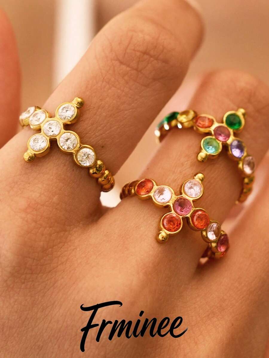 Frminee 3pcs/1pc 18k Gold Color Women's Cross Stainless Steel Open Ring, Luxury Waterproof Women's Jewelry Accessory, Suitable For Daily Wear - Multicolor - View 1