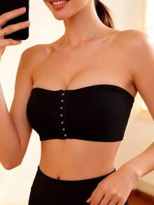 Women's Black Front-Closure Strapless Bandeau Bra, Non-Slip, Wireless Anti-Sag Support, Seamless Invisible Bandeau Top - Black - View 4