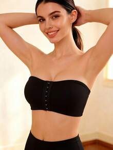 Women's Black Front-Closure Strapless Bandeau Bra, Non-Slip, Wireless Anti-Sag Support, Seamless Invisible Bandeau Top - Black - View 5