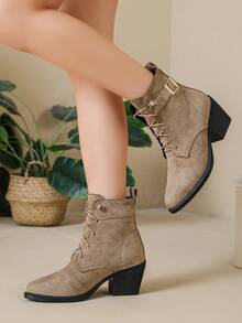 Women's Vintage Chunky Heel Western Ankle Boots, Faux Suede Lace-Up Pointed Toe Cowboy Boots, Fashion Outdoor Casual Ankle Boots - Camel - View 4