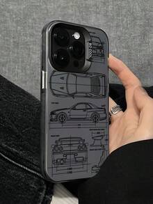 汽車工程製圖手機殼，黑白線條藝術跑車三視圖圖紙附尺寸標記，硬核機械風，適用 17/16/15/14/13 Pro Max 及多款其他機型，全包防摔耐磨，手感舒適，適合喜愛工業設計與汽車文化的用戶，兼具實用保護與視覺美感，兼容 、Galaxy - 彩色 - 查看 2