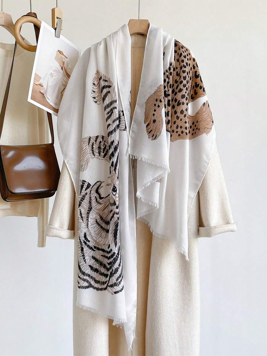 Fashion Zebra Leopard Patchwork Tassel Scarf Beige Long Shawl Elegant Travel Wrap Autumn Winter Scarf - White - View 1
