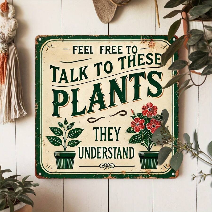 Papan Tanda Vintage Datar 2D, Tema Humor Berkebun, Menampilkan Frasa "Kebebasan untuk Berbicara dengan Tanaman Ini". Sempurna untuk Dekorasi Tanaman Dalam Ruangan, Hadiah Ideal untuk Pecinta Tanaman (Gaya Acak) - A - View 1