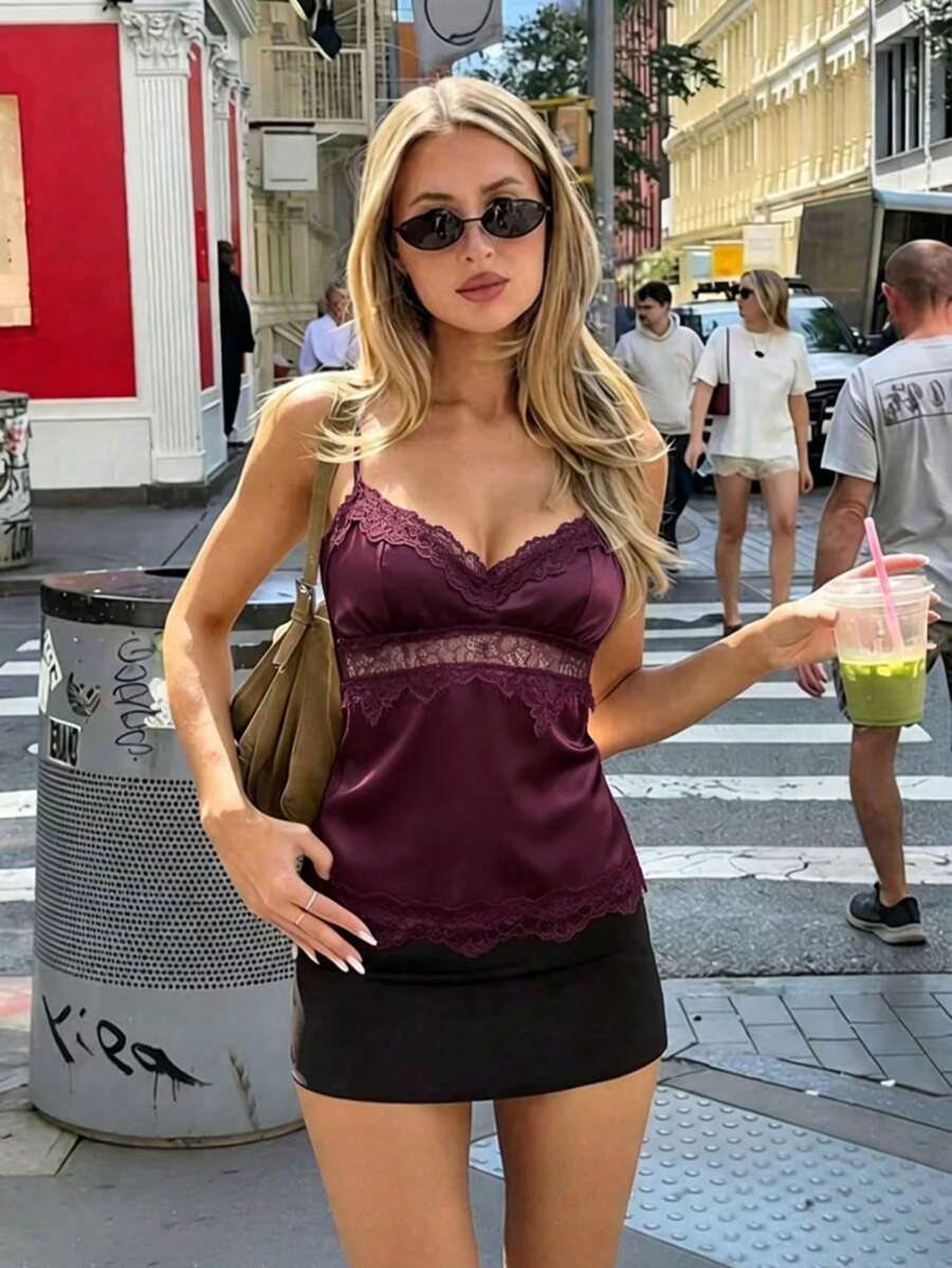 Women's Lace Patchwork Ruffle Sexy Camisole Top Summer - Burgundy - View 1