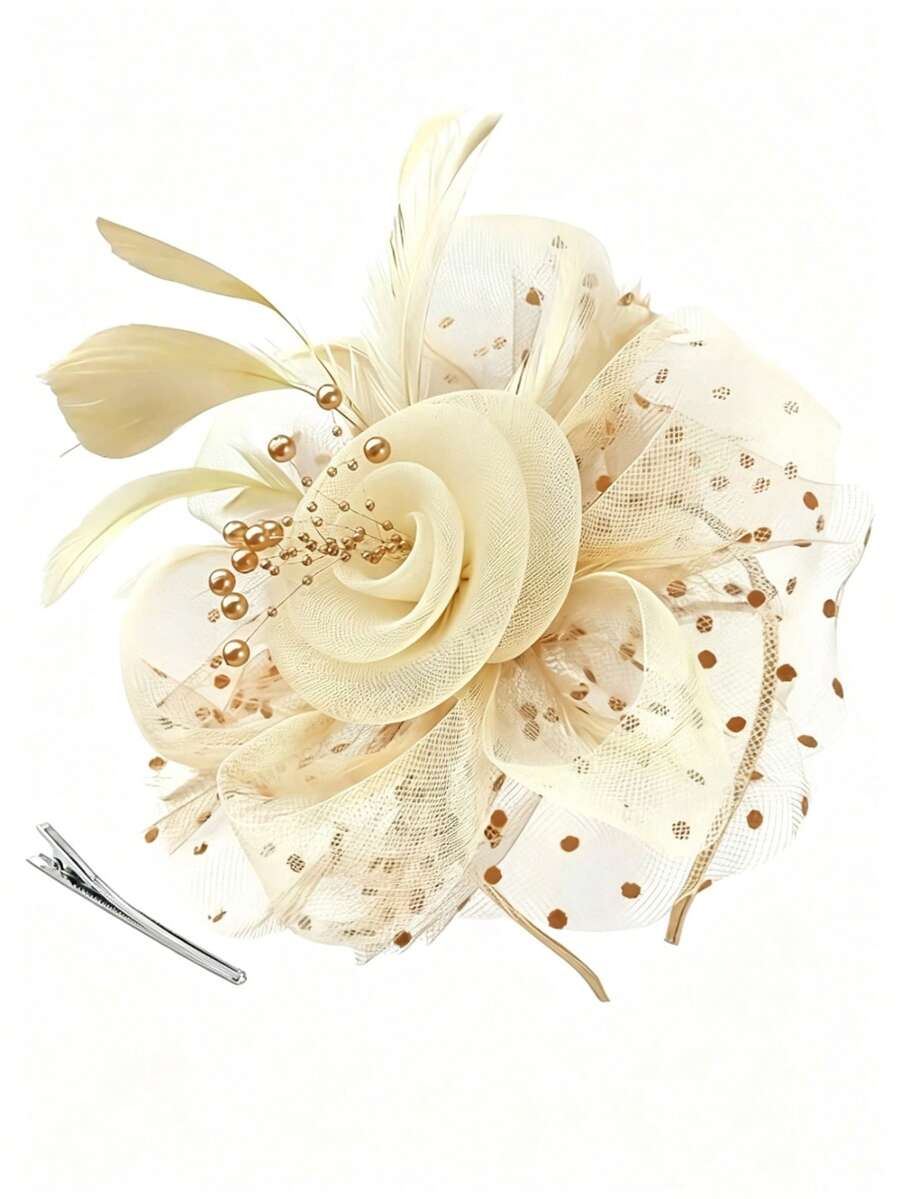 1pc Women's Tea Party Fascinator Headband Kentucky Derby Hat Flower Mesh Headpiece Hair Clip For Wedding - Beige - View 1
