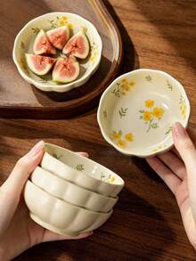 3.9 Inch Floral Print Ceramic Dip Bowl, Cute Flower Sauce Dish, Small Yellow Floral Print Bowl, Suitable For Condiments, Snacks, Desserts, Perfect For Home Kitchen, Party And Restaurant Use. - Multicolor - View 2