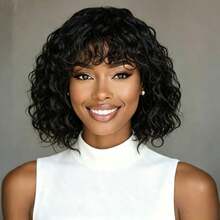 Short Curly Bob Wig, Brazilian Remy Human Hair, Curly Bangs, 150% Density, Full Machine Woven Human Hair Wig With Bangs, Glueless, No Lace, Daily Wear, Black, 10 Inch - Natural Black - View 2