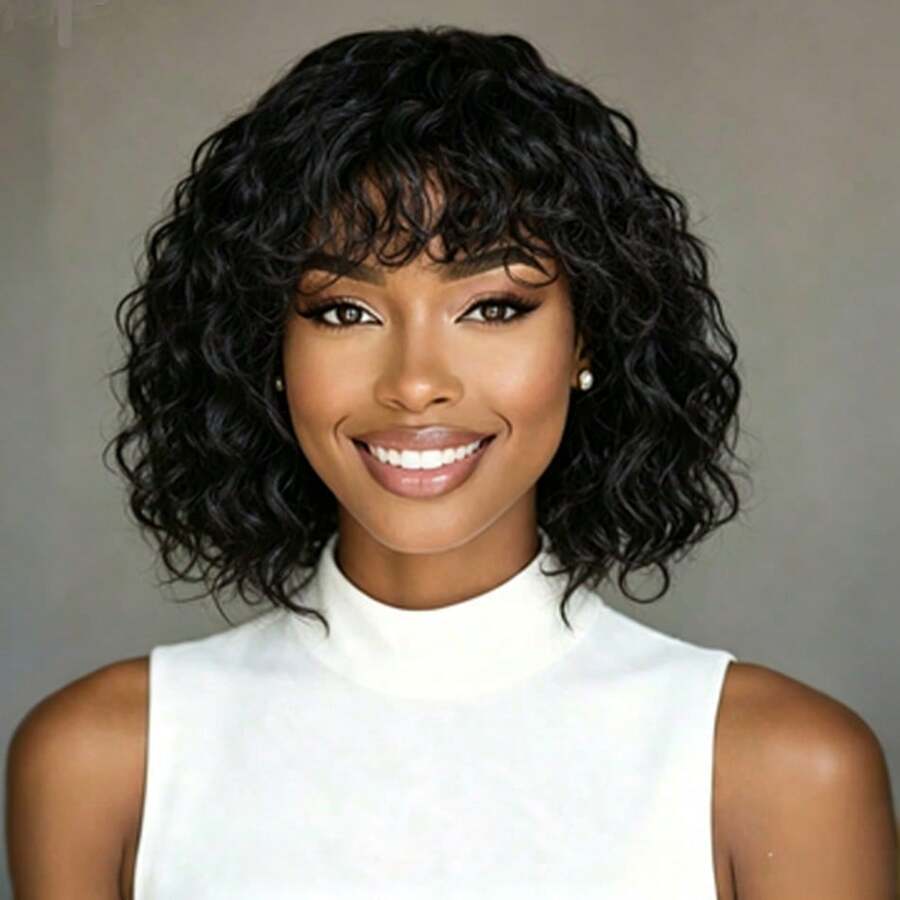 Short Curly Bob Wig, Brazilian Remy Human Hair, Curly Bangs, 150% Density, Full Machine Woven Human Hair Wig With Bangs, Glueless, No Lace, Daily Wear, Black, 10 Inch