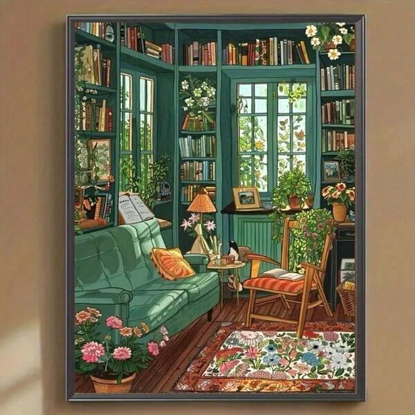 5D DIY Diamond Painting | Plant And Room Diamond Painting Set, Greenery-Filled Study. Full Drill Mosaic Craft Kit. High-Definition Art Diamond Painting. Gift Diamond Painting, Focus And Relax Through DIY.