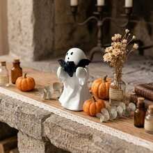 1pc Cute Halloween Ghost Resin Figurine, Holding Pink Pumpkin And Bat Statue Design, Mini Spooky Desktop Decor, Suitable For Multi-Layer Tray, Autumn Home Shelf Room Decoration. Halloween Essential Gift. Halloween Decor / Halloween / Halloween Home Decor - one-size - View 4