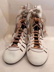 Sepatu Bot Ankle Romawi Berongga untuk Wanita, Sepatu Bot Ankle Datar Bertali Tali Rumbai Gaya Bohemian, Sandal Gladiator Berongga - Krem - View 1