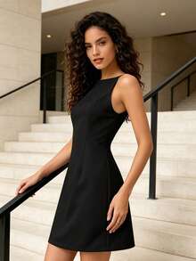 MODA MO, REF: AS1865 - Women's Short Sleeveless Dress With Thin Straps And A Back Zipper. Comfortable To Wear, This Elegant Summer Dress Flatters The Figure And Is Suitable For Everyday Wear. - 黑色 - 查看 3