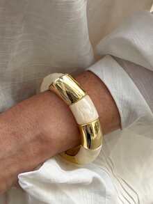 4pcs/1pc Vintage Elegant Bohemian Style Daily Geometric Asymmetrical Exaggerated Thick Elastic Beaded Bamboo Joint Cream White Gradient Resin Bracelet Stackable Acrylic Splicing Bangle Set Multi-Piece Stack Y2K Jewelry Accessories Suitable For Women Summer Beach Party Birthday Daily Wear Accessories Gift For Girls - Yellow Gold - View 5