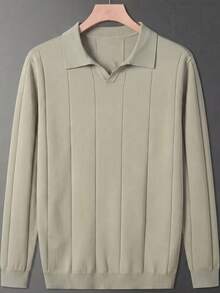 Men's Collared Knit Sweater, Vertical Striped Slimming Versatile Long Sleeve Top - Green - View 7