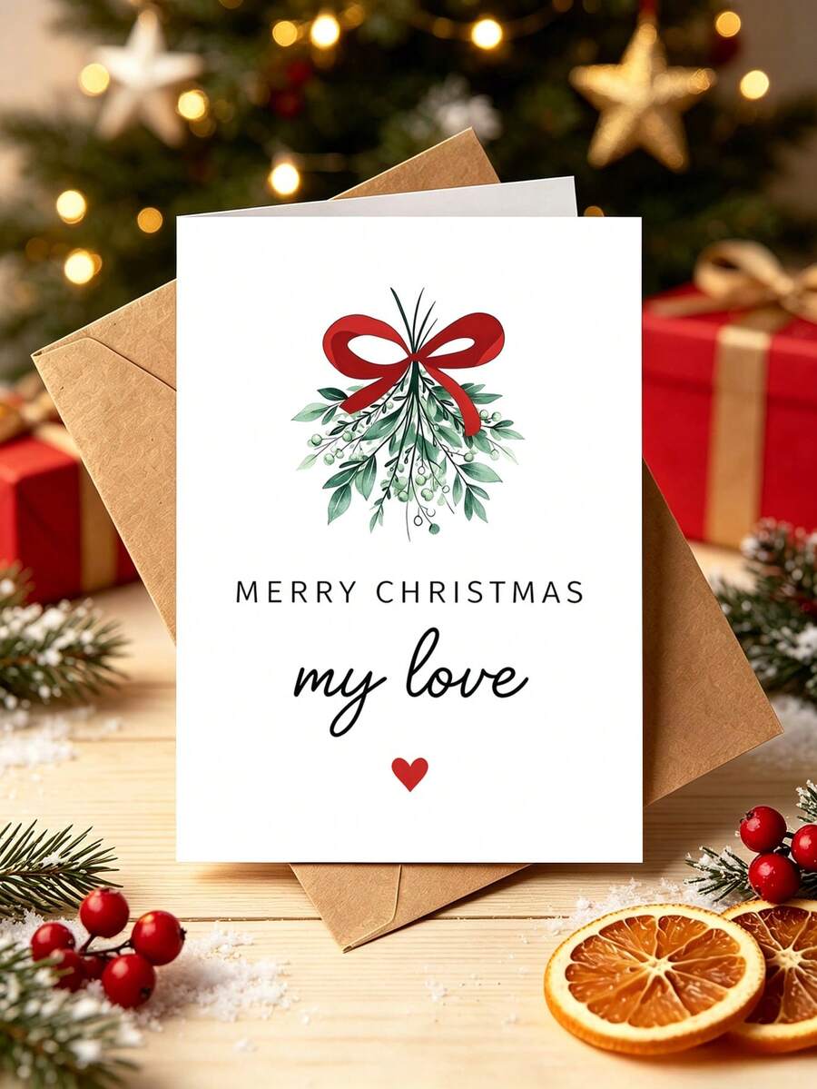 1pc Christmas Card With Envelope - "Merry Christmas My Love" Elegant Mistletoe Greeting For Partners, Loved Ones & Couples, Festive Holiday Gift, Blank Inside - View 1