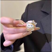 1pc Fashion Sweet & Cool Pink Gold Odd-Eyed Cat Bow Beret Open Ring, Unisex Personalized Versatile Decorative Index Finger Ring, Niche Gift For Cat Lovers And Pet Owners - Gold - View 3