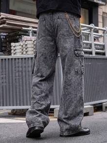 Charcoal Gray Snowflake Washed Denim Jeans For Men, Side Multi-Pocket Ribbon Buckle Decor Loose Straight Leg Denim Pants - Dark Grey - View 5