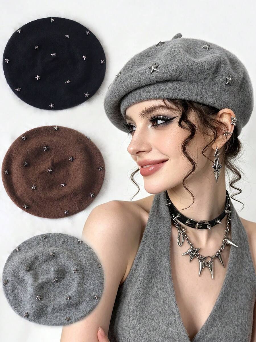1 قطعة قبعة بيريه صوفية مزينة بمسامير نجمية للنساء، قبعة كاجوال يومية للشارع والخارج