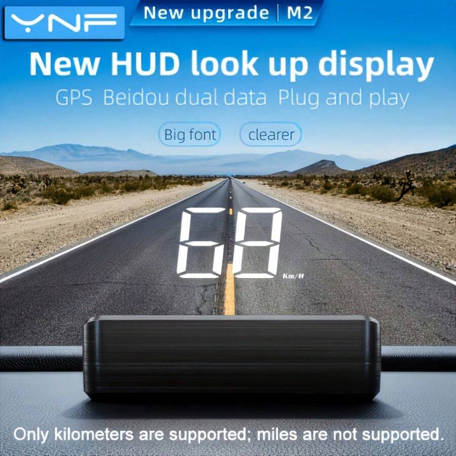 YNF M2 升級版汽車 HUD 抬頭顯示器，GPS 北斗雙模即時車速監控，大字體清晰、免安裝即插即用通用車速表
