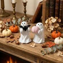 1pc Cute Halloween Ghost Resin Figurine, Holding Pink Pumpkin And Bat Statue Design, Mini Spooky Desktop Decor, Suitable For Multi-Layer Tray, Autumn Home Shelf Room Decoration. Halloween Essential Gift. Halloween Decor / Halloween / Halloween Home Decor - one-size - View 3