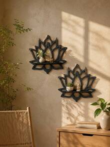 1pc Lotus Shaped Wall Mounted Floating Shelf, Boho Style Home Decor, Black Wooden Lotus Flower Rack, Decorative Wall Storage Organizer For Plants, Candles, Incense, Suitable For Bedroom, Bathroom, Balcony, Space-Saving Wall Hanging Rack - Multicolor - View 4