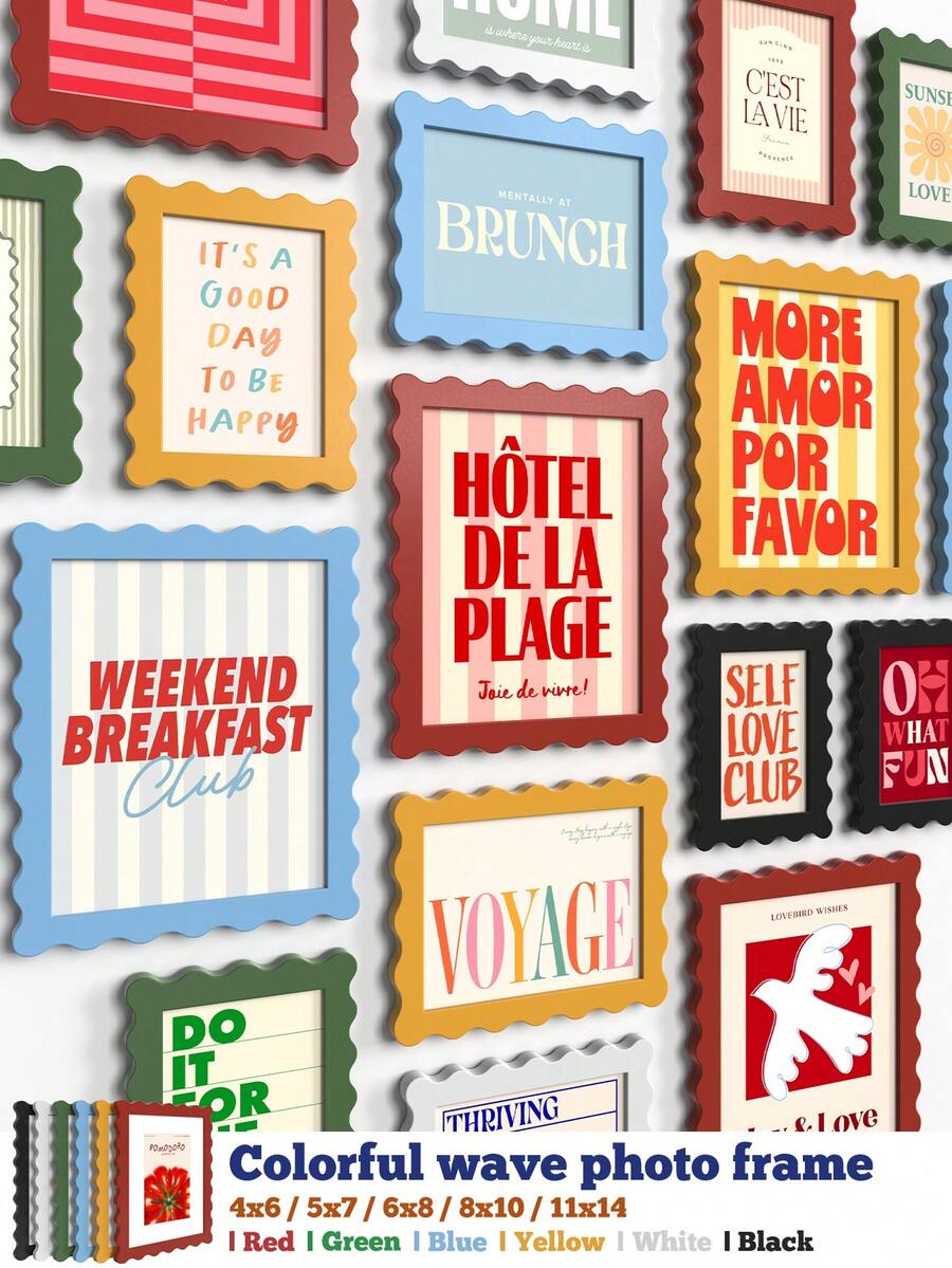 XXBANZHUAN Dopamine Colorful Wavy Picture Frame Home Decor, Outer Wavy Frame & Inner Rectangular Opening Design, 5 Sizes (4x6/5x7/6x8/8x10/11x14 Inches), 6 Colors (Red/Blue/Green/Yellow/Black/White), Suitable For Gallery Wall & Kids Room, Premium Home Decor Gift - Multicolor - View 1