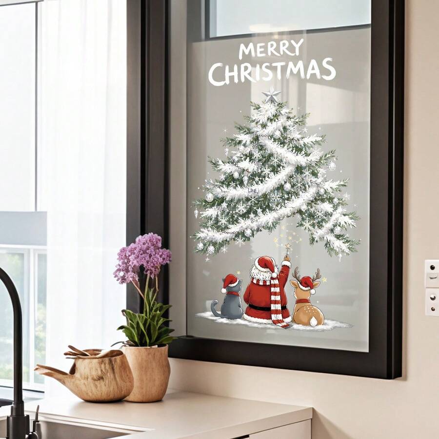 1pc Removable Christmas Tree Glass Window Sticker, Santa Claus & Reindeer Holiday Wall Decal For Mall Christmas Decoration - Multicolor - View 1