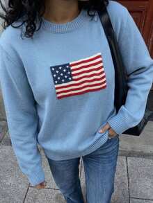 Sweater Wanita Terbaru untuk Hari Kemerdekaan, Leher Bulat, Warna Biru, Motif Bendera Amerika, Kerah Bergaris, Atasan Rajut Kasual Serbaguna untuk Pemakaian Sehari-hari - Biru - View 4