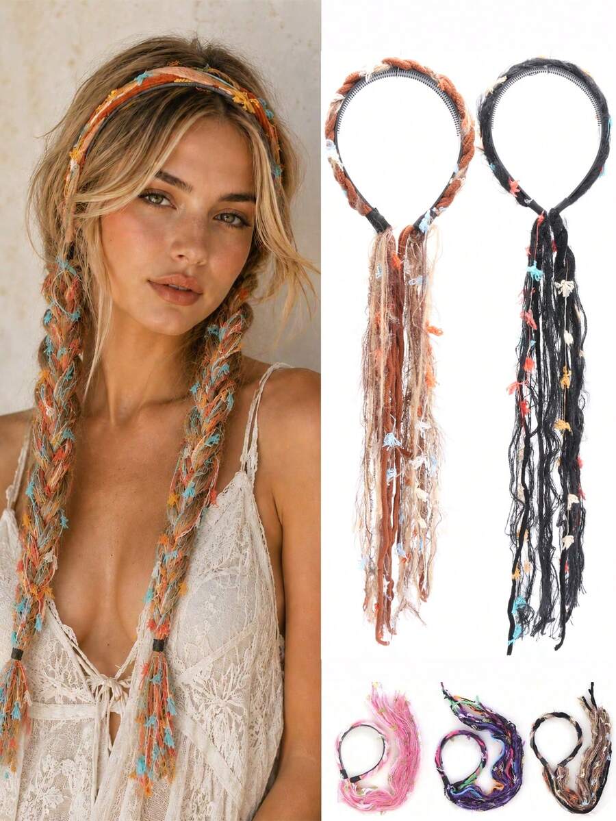 Plush Marrone Color Long Tassel Ribbon Braided Headband, Bohemian Style Hair Accessory Wig - Color - View 1
