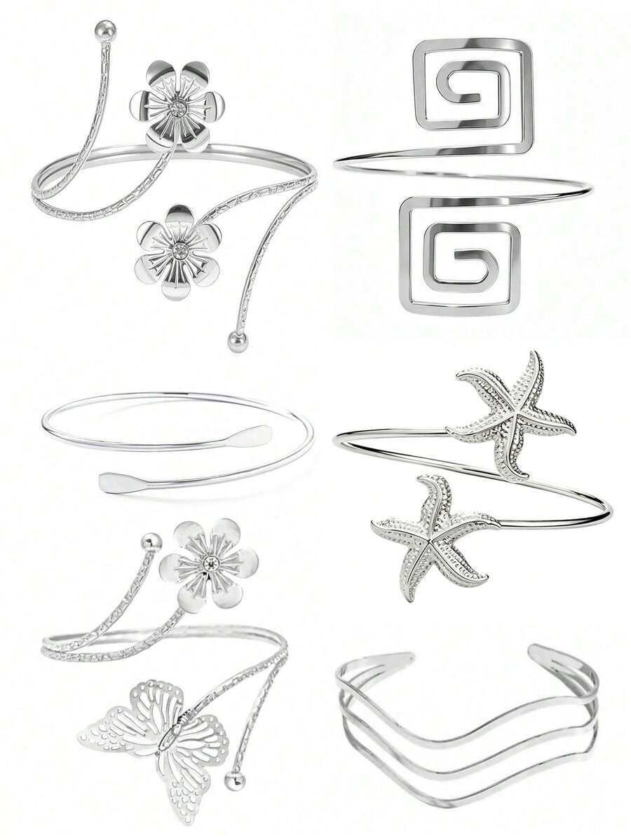 6pcs Hollow Metal Arm Cuffs, Adjustable Floral Butterfly Starfish Versatile Arm Bracelets, Stackable, Suitable For Party, Gift For Friends And Family, Daily Wear - 6-pack - View 1