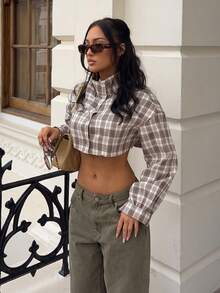 Women's Light Khaki Plaid Short Jacket, Stand Collar, Metal Buttons, Autumn Fashion Casual Loose Fit - Khaki - View 4