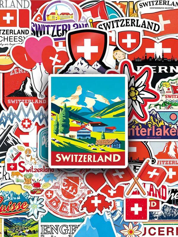 50 buah Stiker Swiss, Stiker Scrapbook, Stiker Perjalanan Swiss, Stiker Grafiti, Stiker Warna-warni Seru, Stiker Dekoratif, Cocok untuk Botol Minum, Gitar, Koper, Ponsel, Casing Ponsel, Laptop, Skateboard, Hadiah