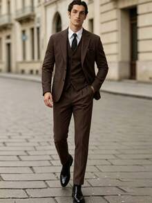 WindsorQuad Men's Herringbone 3 PiecesElegant Suit Set, Slim Fit Business Wedding Blazer Vest Trousers Suit, Formal Party Old Money Style - Coffee Brown - View 11