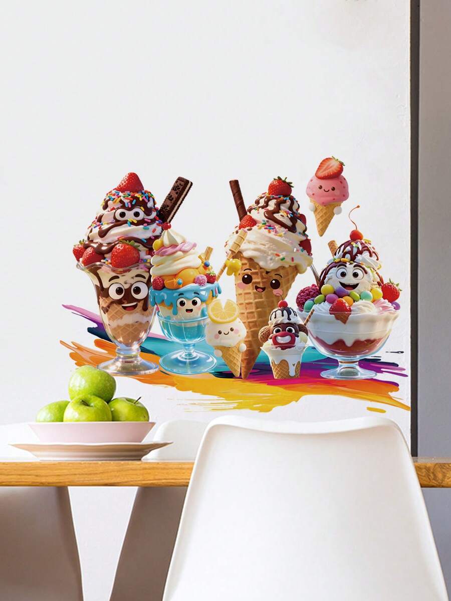 1pc Cute Anthropomorphic Candy Bean Ice Cream Wall Decor Sticker, Removable Room Decoration Sticker For Bedroom, Living Room, Kitchen - 1PC - View 1