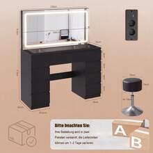 Devoko Modern Vanity Table With Extra Large LED Mirror, 3 Light Colors And Dimmable Brightness, Dressing Table With Glass Top, 9 Drawers, Power Strip And Hair Dryer Holder, White/Black - 查看 10
