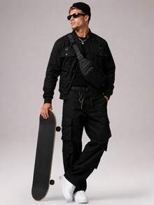 CZRLHYT Men's Tactical Bomber Jacket, Multi Pocket Utility Jacket With Stand Collar, Snap Button Front Long Sleeve Casual Outdoor Work Coat, Black - Black - View 4